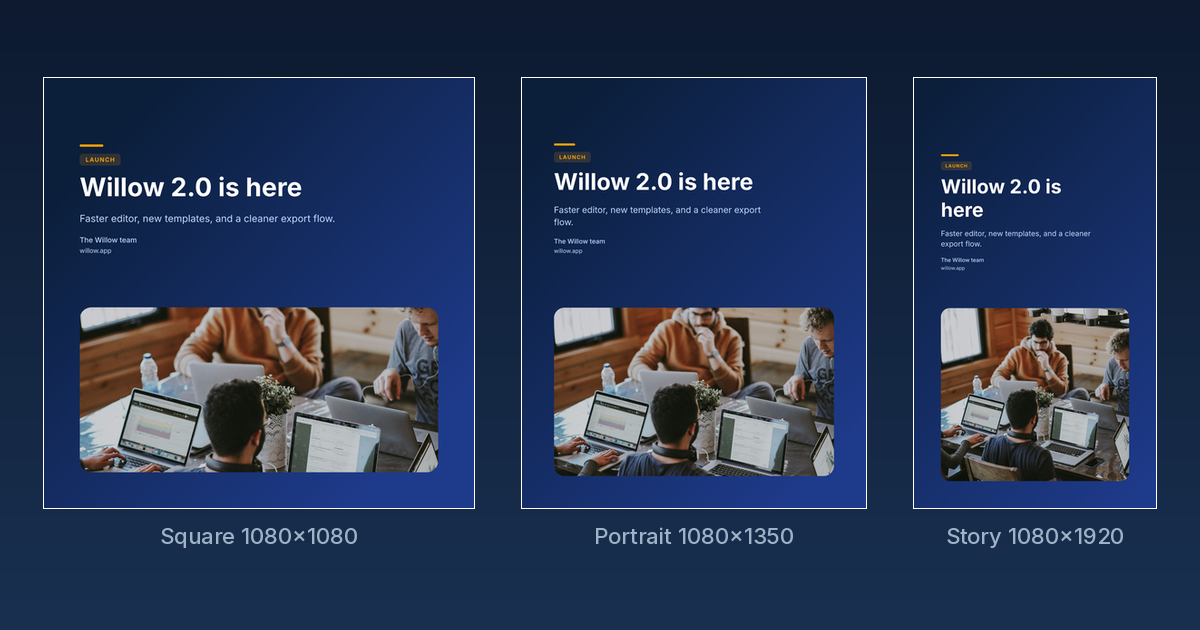 The same launch announcement design exported at 1080x1080 square, 1080x1350 portrait, and 1080x1920 story
