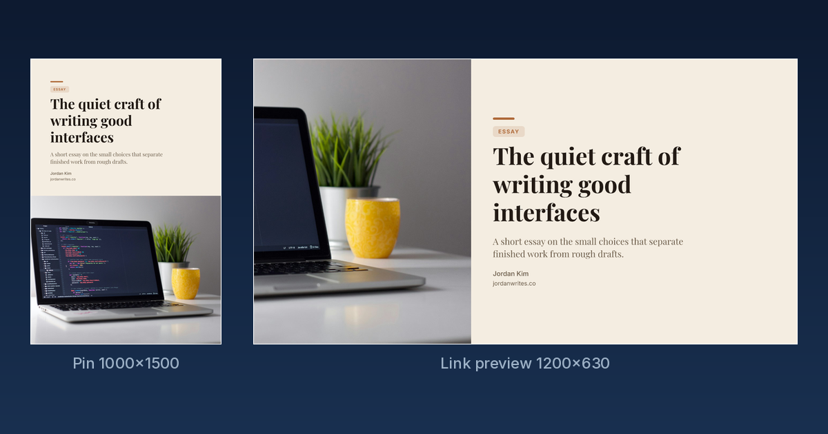 The same editorial design exported as a 1000x1500 vertical pin and a 1200x630 link preview card