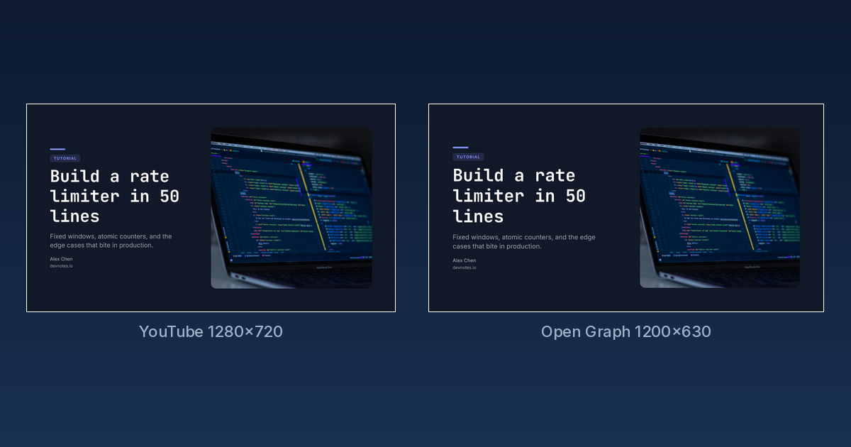 The same tutorial design exported as a 1280x720 YouTube thumbnail and a 1200x630 Open Graph card
