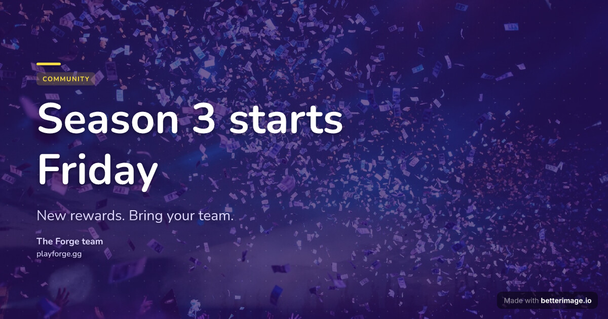 Community update social card: confetti crowd photo under a violet overlay, dot pattern, big rounded headline