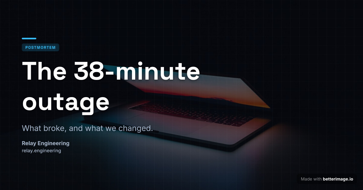 Engineering post-mortem social card: glowing laptop photo under a deep overlay, fine grid, oversized grotesk headline