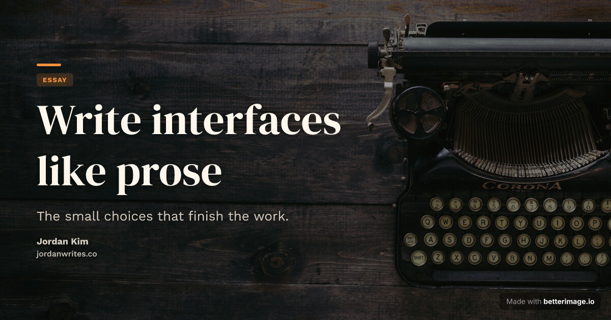 Editorial blog post social card: vintage typewriter on dark wood as the full background, oversized cream display serif headline, tangerine accent