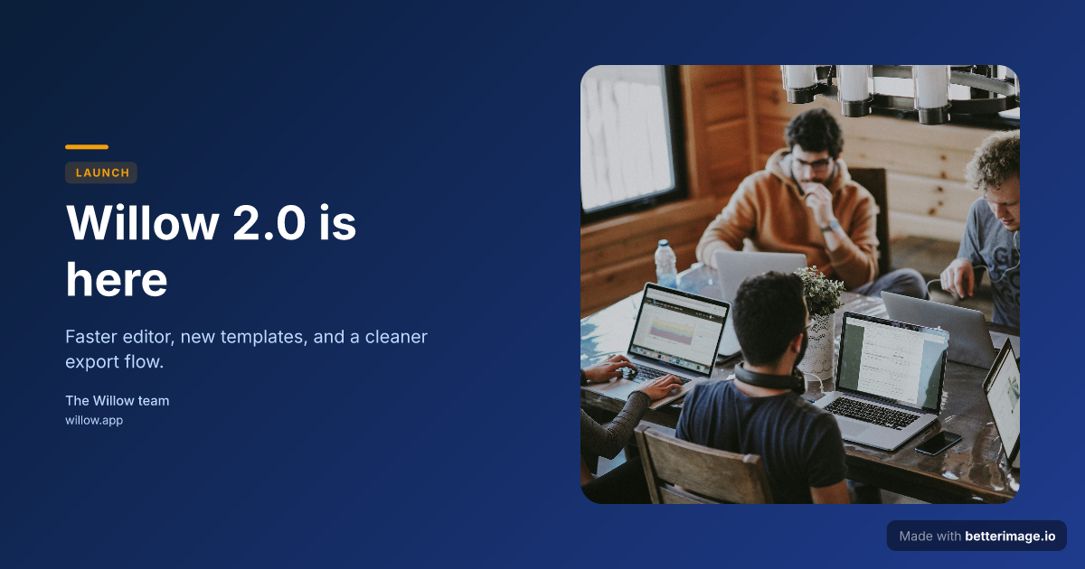 Product launch announcement card with floating team photo on a deep blue gradient