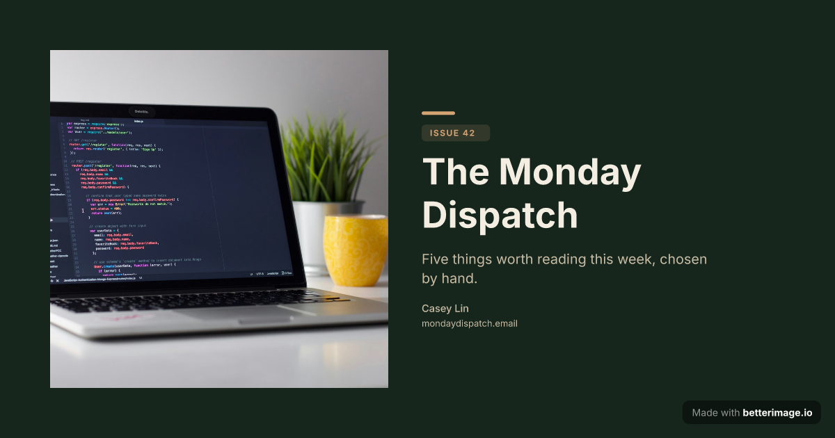 Newsletter issue cover card with serif masthead on a deep green background