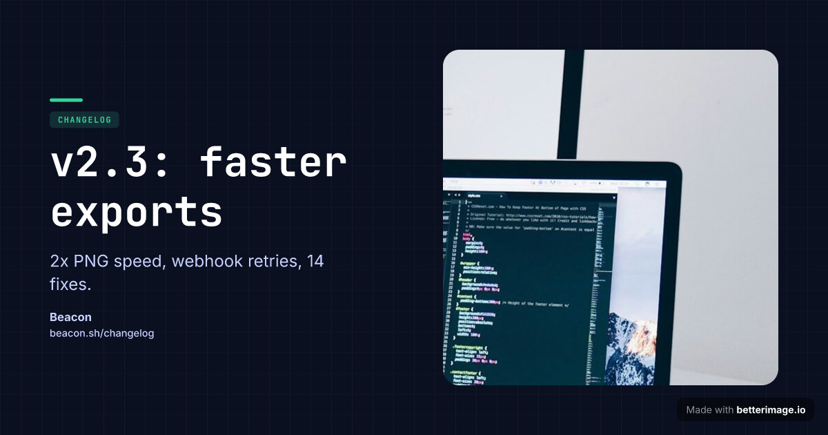 Release notes card: a flat ink field, the photo in a rounded slot on the right, JetBrains Mono headline