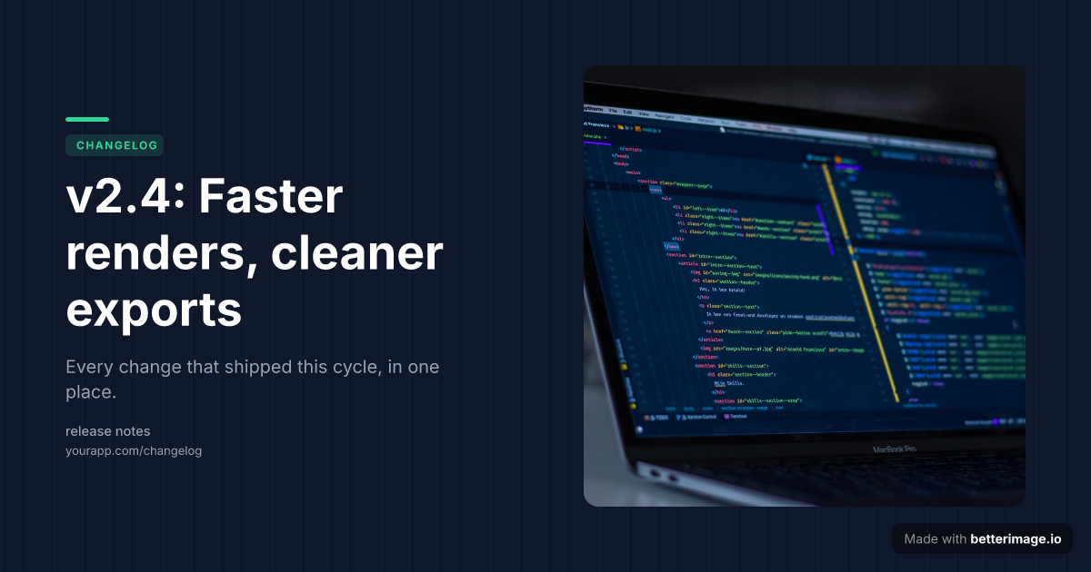 Release notes card with version number headline in monospace and a code screenshot