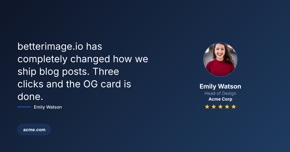 Customer testimonial social card with photo, name, role, company and 5-star rating