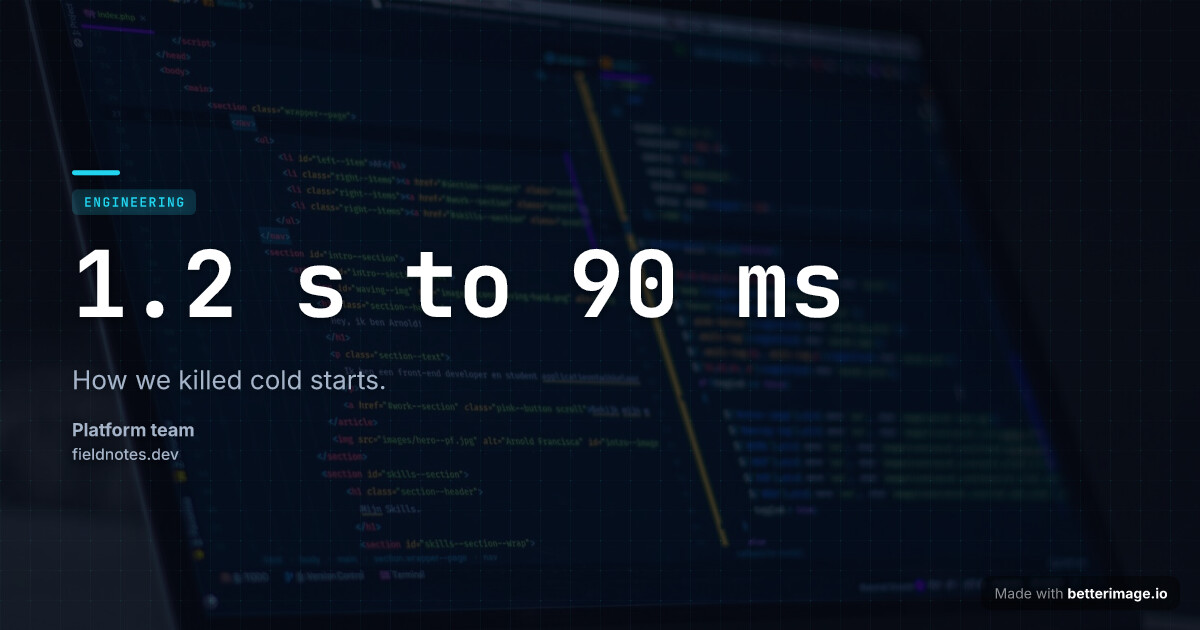 Engineering blog Open Graph image: dark terminal photo, graph-paper grid, huge monospace number headline