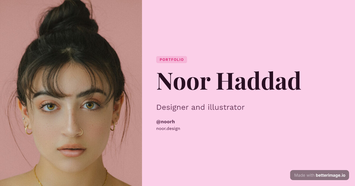 Personal site card: a flat bubblegum field, the photo bleeding in from the left edge, Playfair Display headline