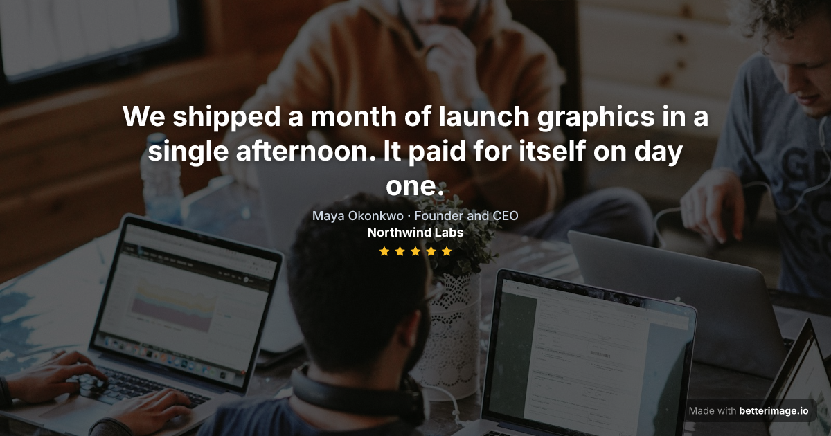 Testimonial card with a quote over a cover photo, name, role, company and five-star rating