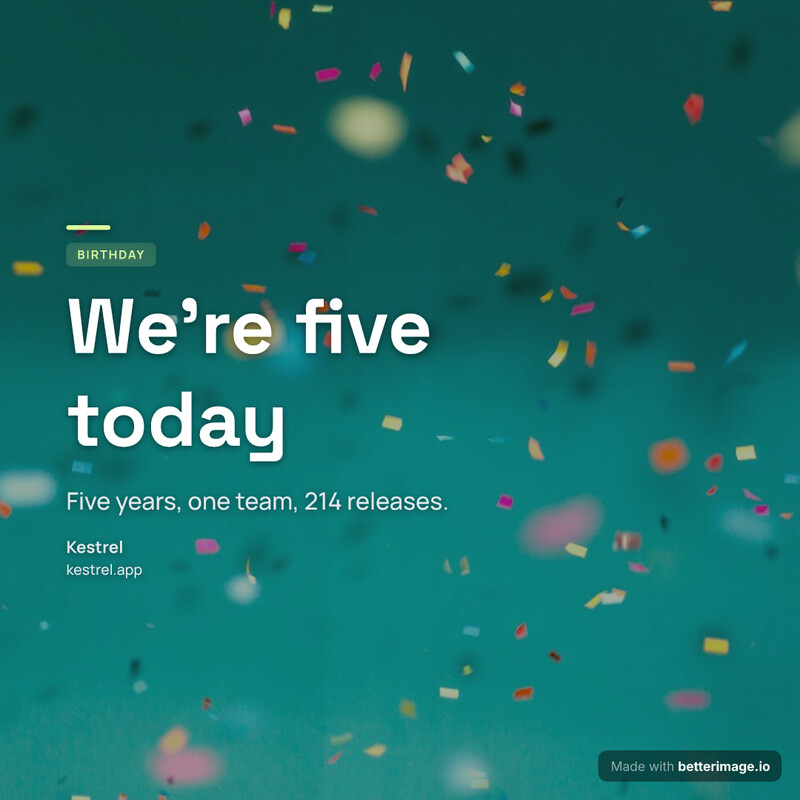 Square milestone post: colorful confetti as the full photo under a deep green tint, big Space Grotesk headline in white, one line of numbers