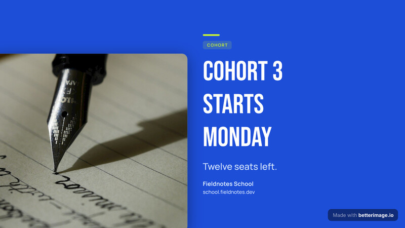 Cohort thumbnail card: a flat cobalt field, the photo floating in a frame on the left, Bebas Neue headline