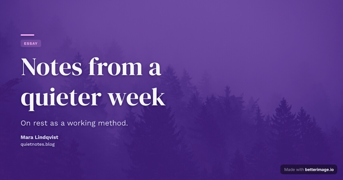 Essay card: foggy forest photo under a deep violet duotone tint, oversized cream display serif headline