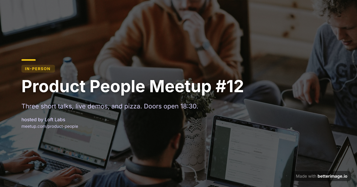 Meetup announcement card with a headline over a photo and violet overlay