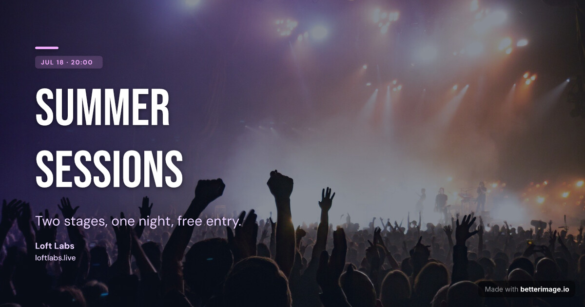 Event card: concert crowd under stage lights, ink tint, giant condensed headline, date as the tag