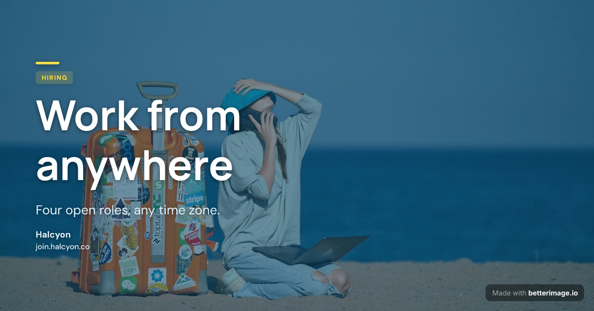 Hiring card: person with a laptop on a beach under a deep teal tint, big Manrope headline, yellow accent