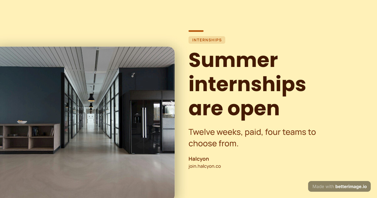 Internships open card: a flat butter field, the photo floating in a frame on the left, Poppins headline