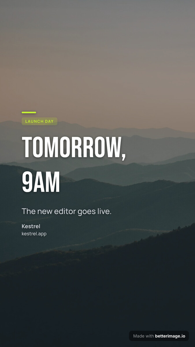 Story launch card: layered mountain ridges at dawn as the full photo under an ink tint, giant condensed headline with the time, lime accent