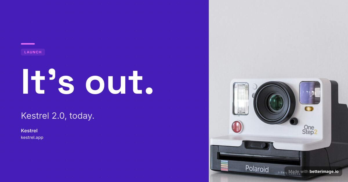 Loud launch card: a deep indigo field, the photo bleeding in from the right edge, Space Grotesk headline