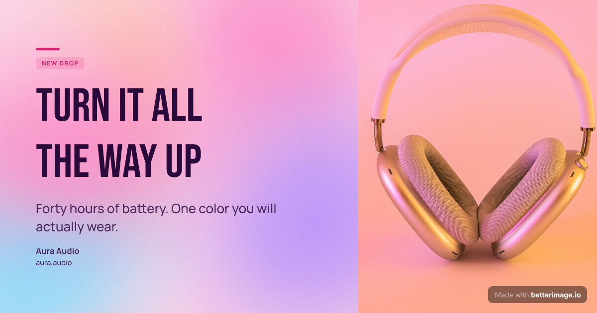 Product drop social card: saturated pink, peach, lavender and aqua mesh, tall condensed three-word headline, pink headphones photo bleeding in from the right edge
