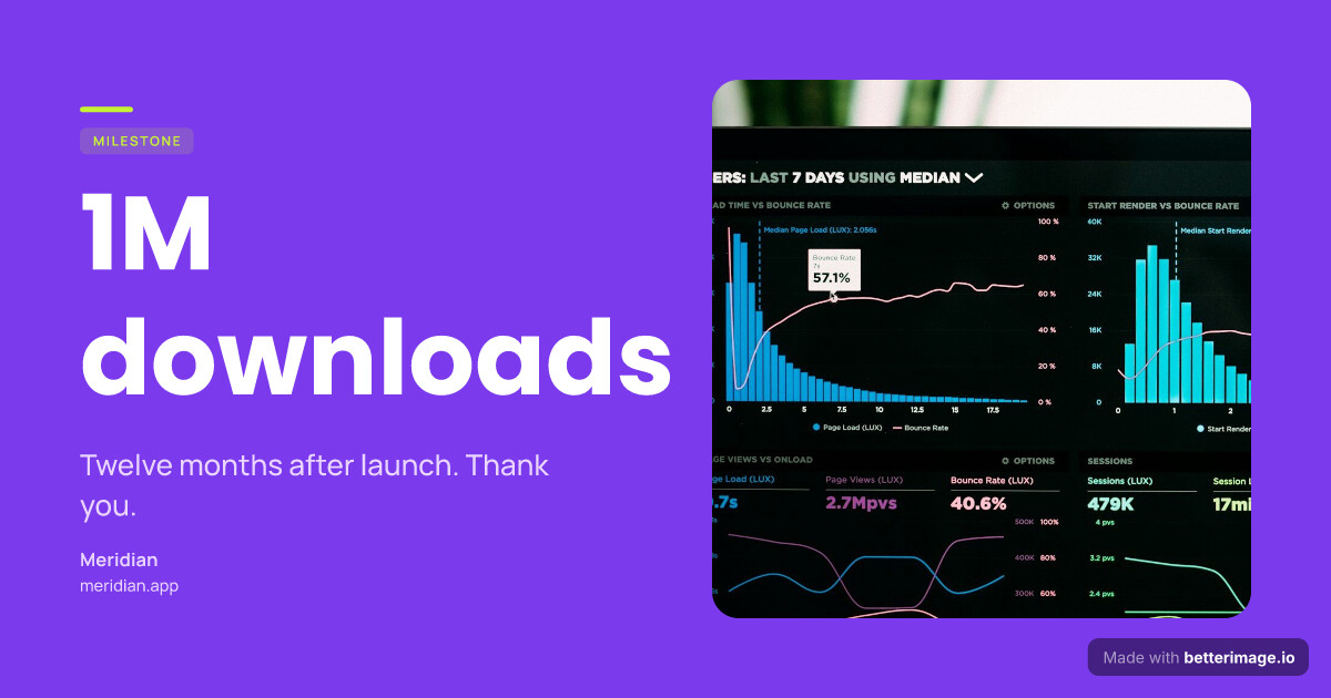 One million downloads card: a flat violet field, the photo in a rounded slot on the right, Poppins headline