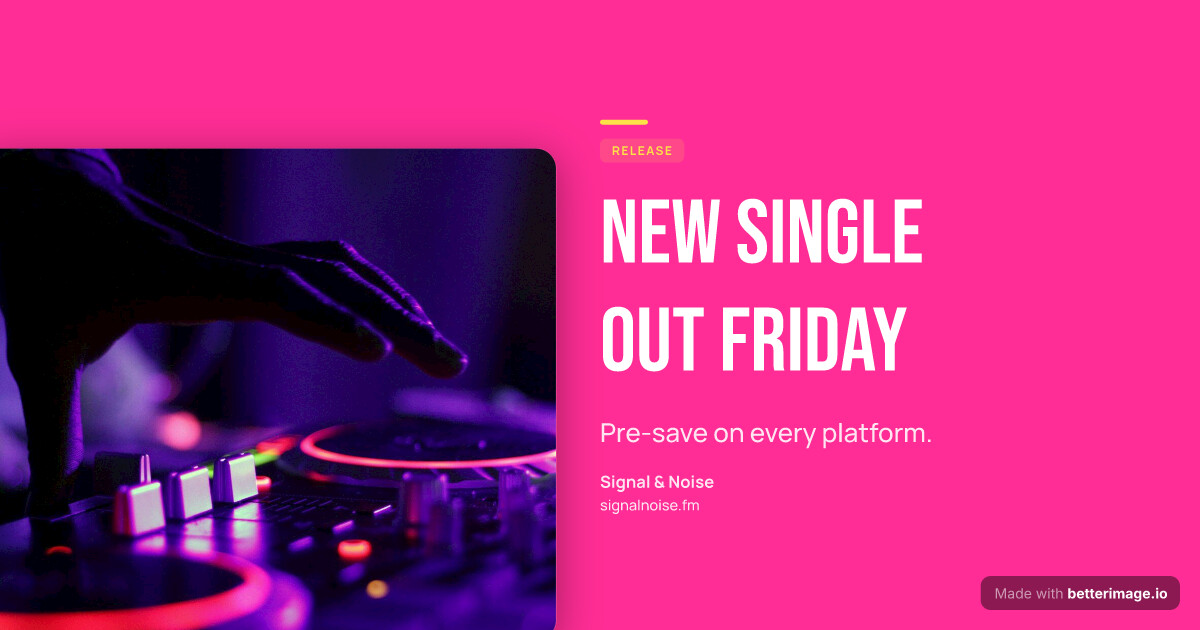 Music release card: a flat hot pink field, the photo floating in a frame on the left, Bebas Neue headline