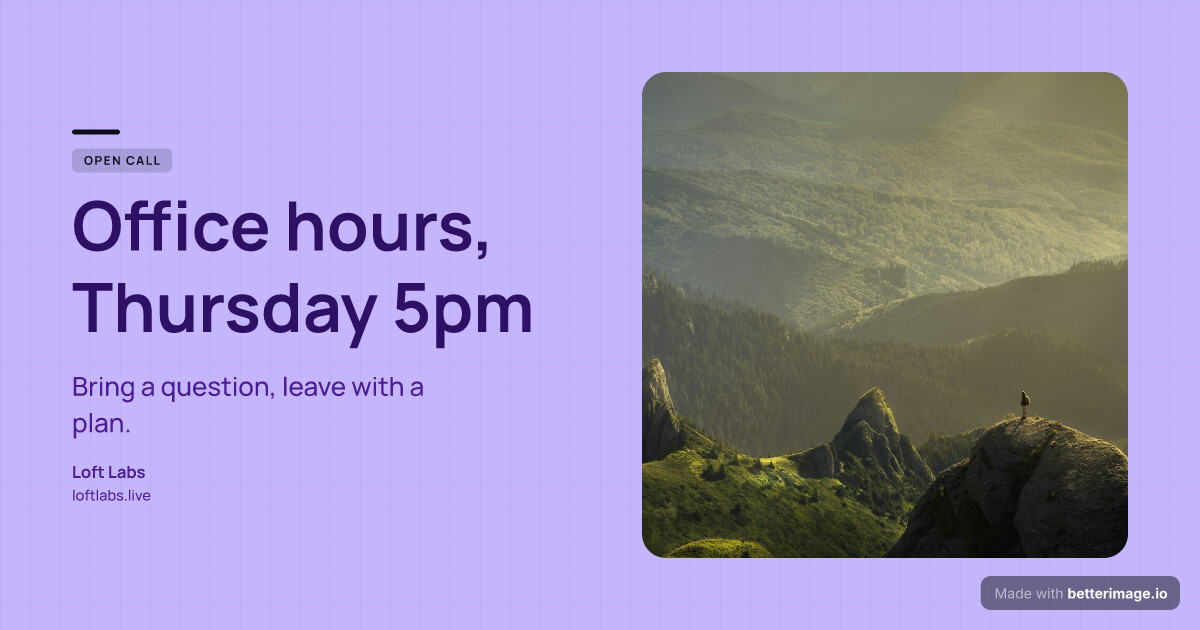Office hours card: a flat lilac field, the photo in a rounded slot on the right, Manrope headline