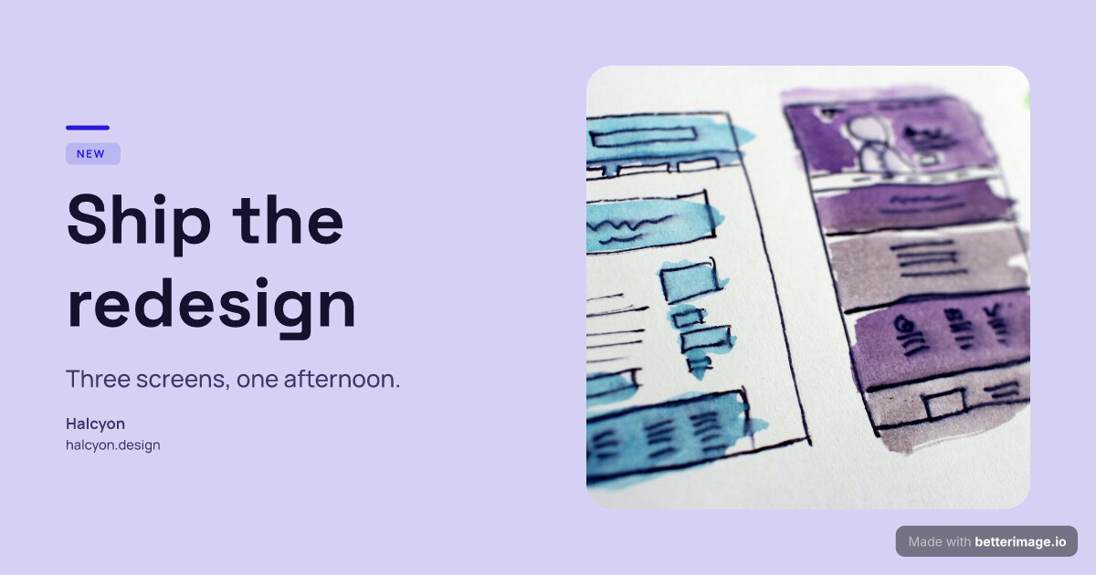 Pastel launch card: a pale indigo field, the photo in a rounded slot on the right, Space Grotesk headline