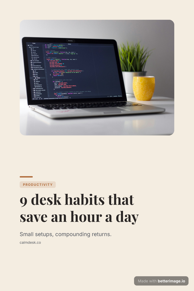 Vertical Pinterest pin with a desk photo band and a numbered headline