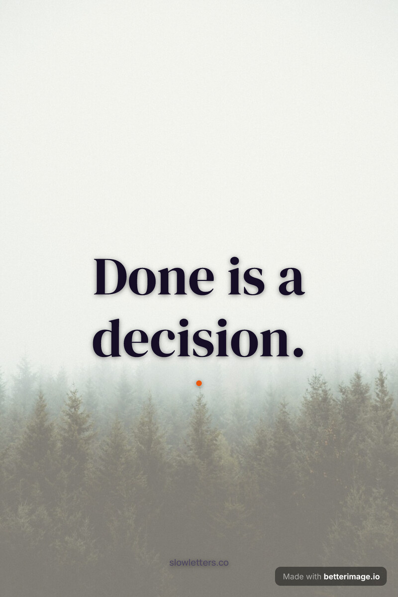 Pinterest quote pin: foggy pine forest under a warm cream tint, centered Playfair statement, small handle at the bottom