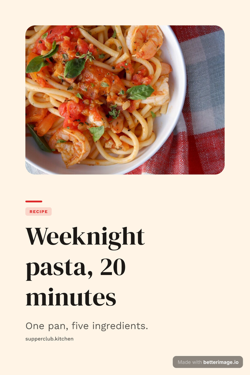 Tall Pinterest recipe pin: pasta photo on top, warm cream field, display serif headline, tomato-red accent