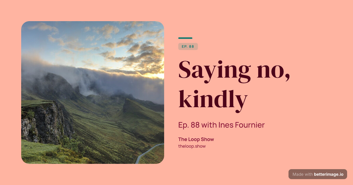 Coral podcast card: a flat coral field, the photo in a rounded slot on the left, DM Serif Display headline