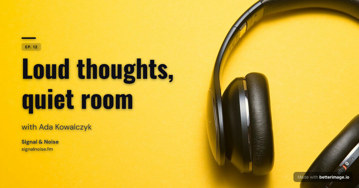 Podcast card: black headphones on a bright yellow background as the full photo, tall Oswald title in ink