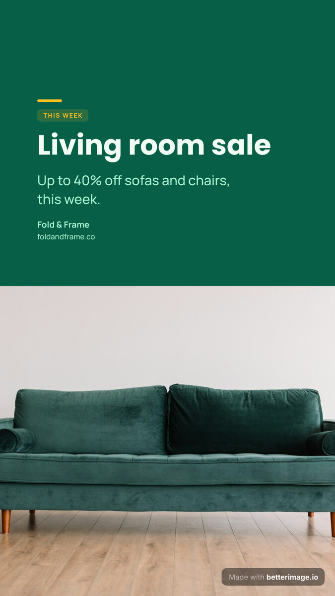 Living room sale story card: a flat forest field, the photo bleeding in from the left edge, Poppins headline
