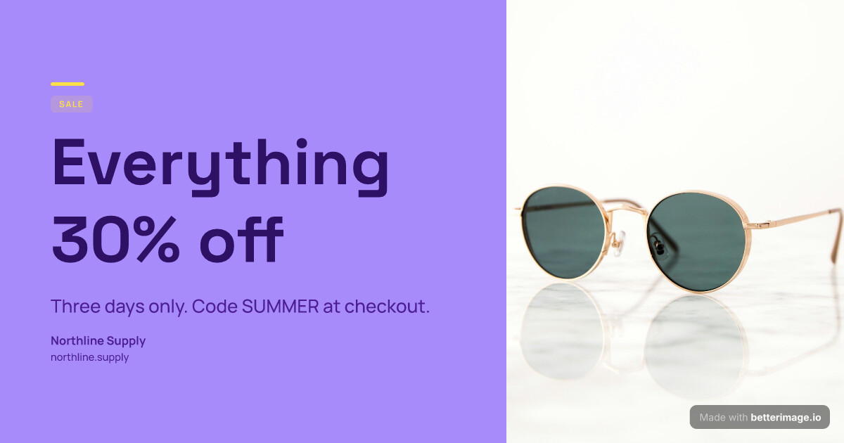 Violet sale card: a flat violet field, the photo bleeding in from the right edge, Space Grotesk headline