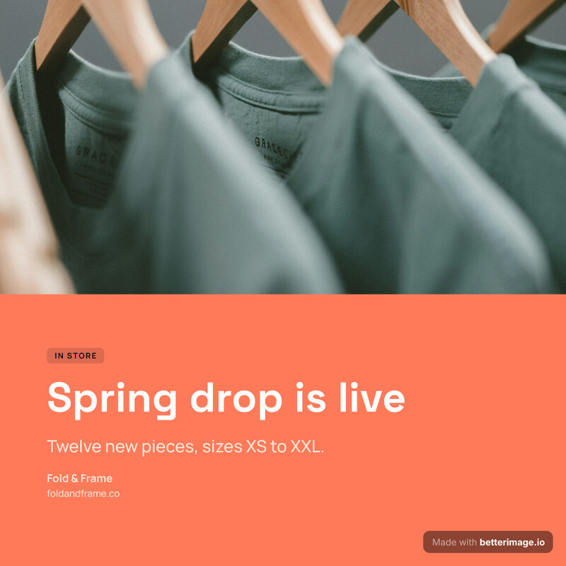 Store drop post card: a flat coral field, the photo bleeding in from the right edge, Space Grotesk headline