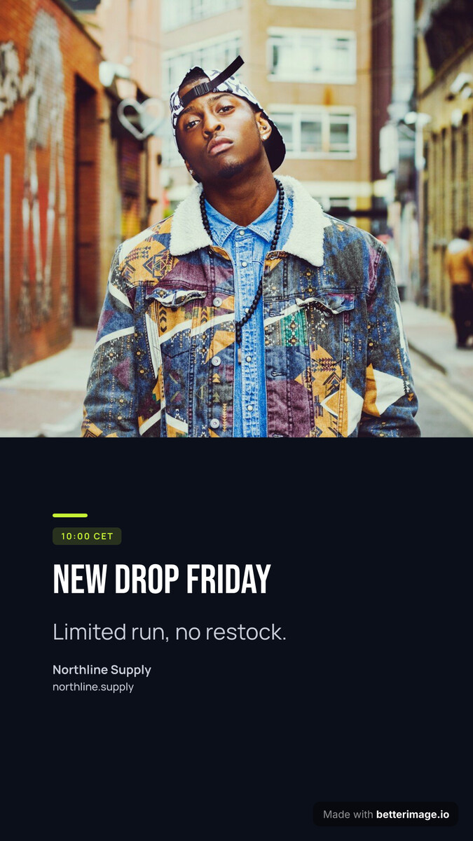 Vertical story card: street-style photo bleeding in from the top, ink field, giant condensed headline, lime accent