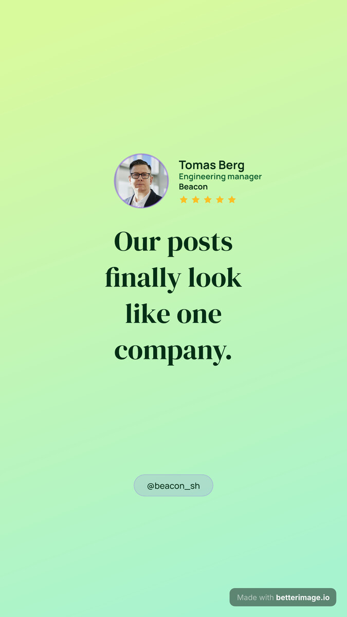 Kind words story testimonial card: a lime-to-mint gradient, the photo across the top, Manrope headline