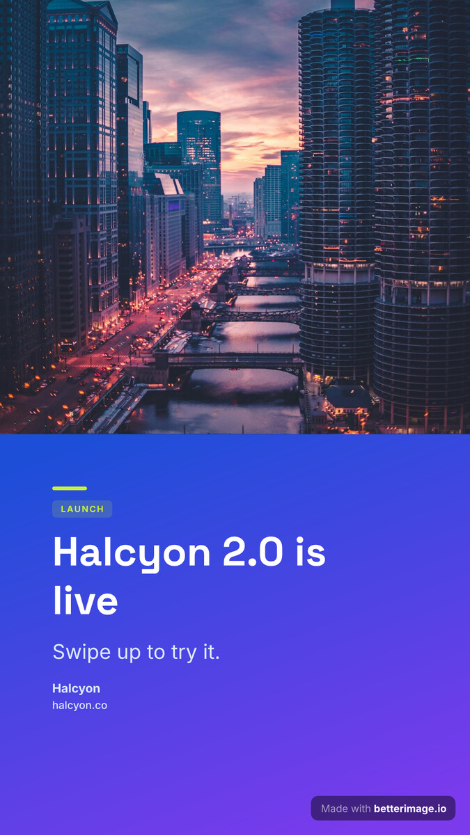 Launch story card: a cobalt-to-violet gradient, the photo bleeding in from the right edge, Space Grotesk headline