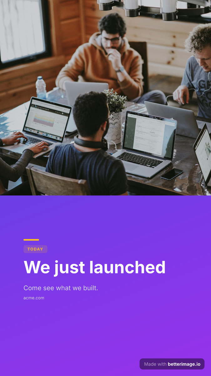 Vertical story with a team photo band and a launch headline