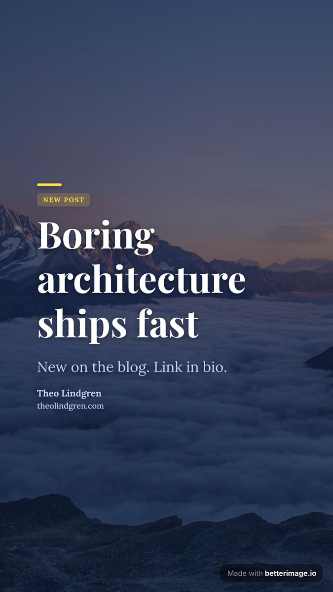 Vertical story card announcing a new post: mountain photo under a deep blue tint, bold Playfair headline