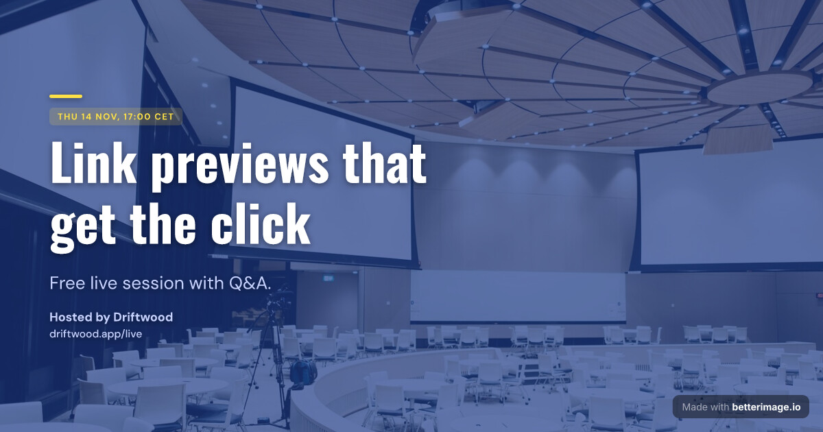 Webinar invitation card: auditorium photo under a cobalt tint, date set as the tag, tall Oswald headline