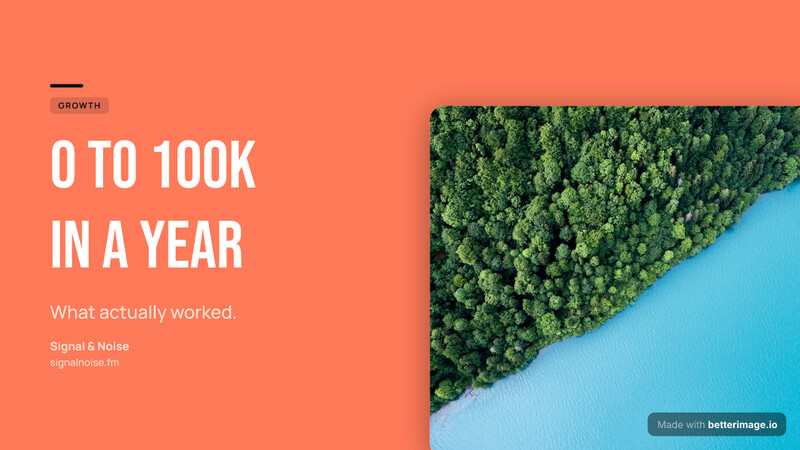 Growth thumbnail card: a flat coral field, the photo floating in a frame on the right, Bebas Neue headline